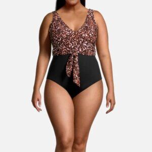 Mynah Cheetah Leopard Print Full Coverage Belted V Neck Swimsuit, size XL